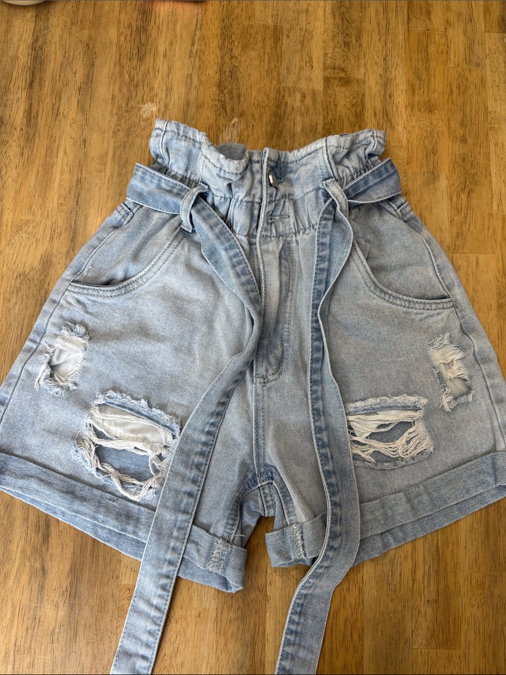 Princess Polly Light Blue Paperbag Waist Distressed Denim Shorts
